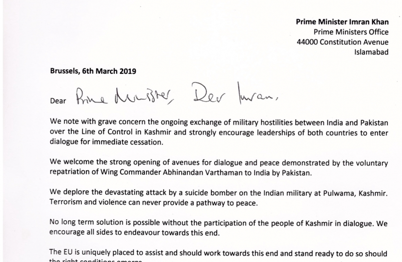 Letter from Sajjad Karim MEP to PM Khan, PM Modi, High Rep Mogherini & President Tajani, dated 04/03/19.