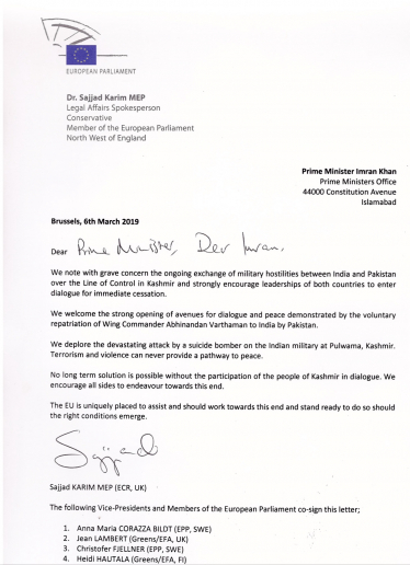 Letter from Sajjad Karim MEP to PM Khan, PM Modi, High Rep Mogherini & President Tajani, dated 04/03/19.